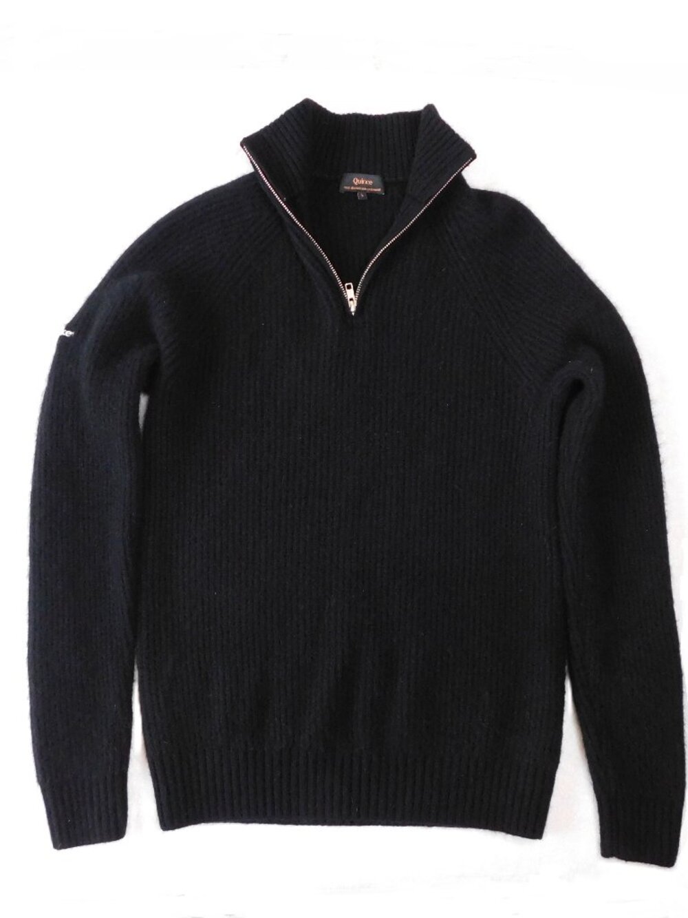 Quince Mongolian Cashmere Fisherman Quarter Zip Sweater | Black | Logo | EUC | L